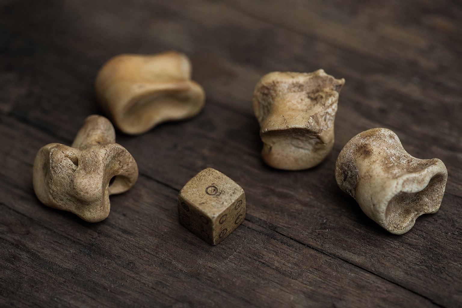 Macro photograph of ancient bone astragali and a worn Roman cubical die on dark aged wood, lit like museum specimens