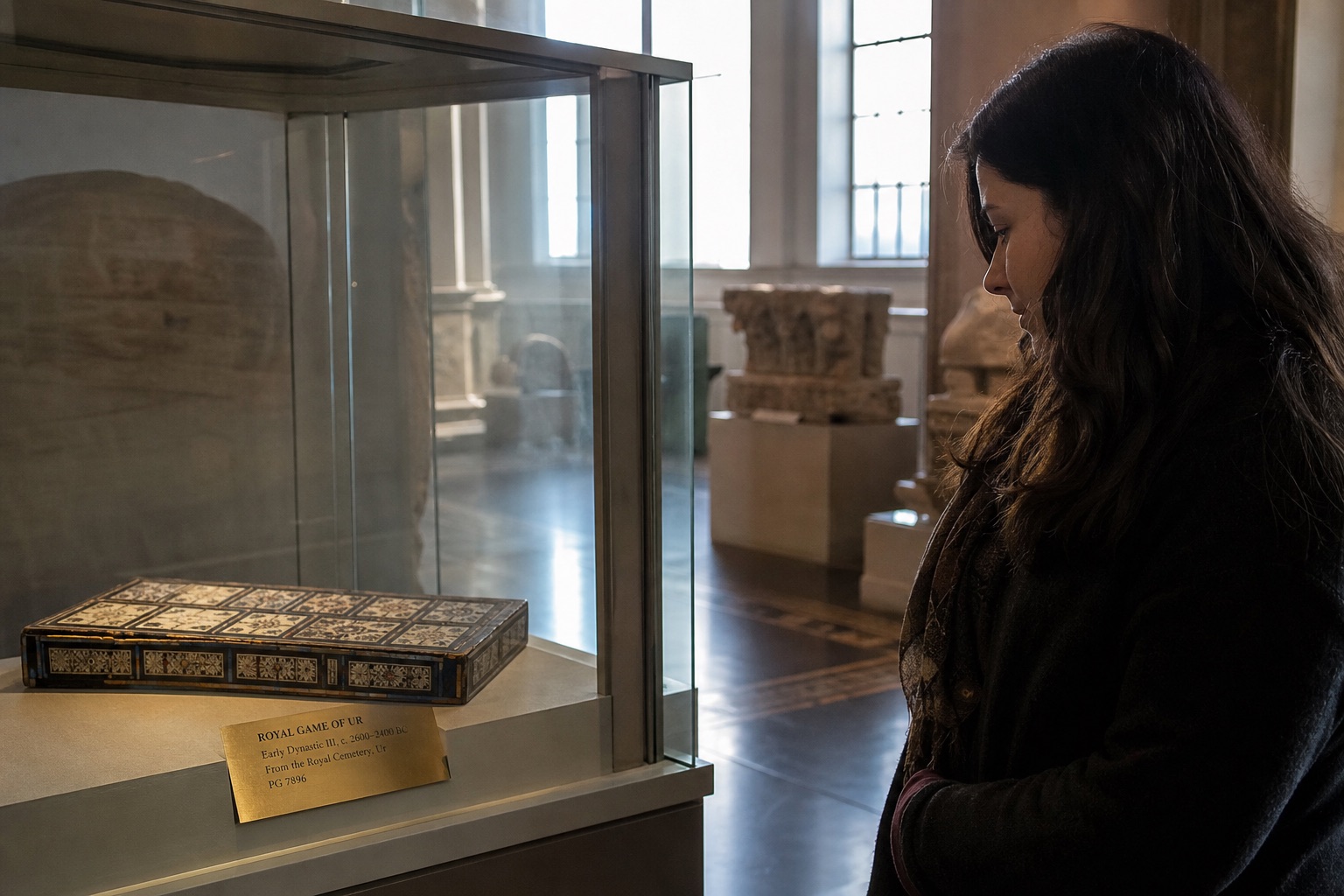 Quiet antiquities gallery with a glass case containing an inlaid ancient game board under soft museum lighting