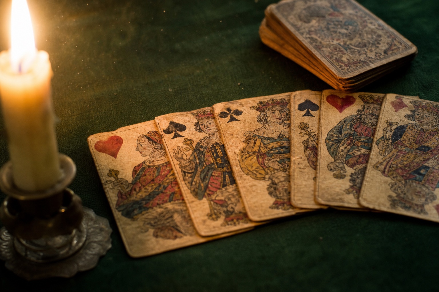 Antique hand-painted playing cards fanned on deep green felt, lit by candlelight from the left